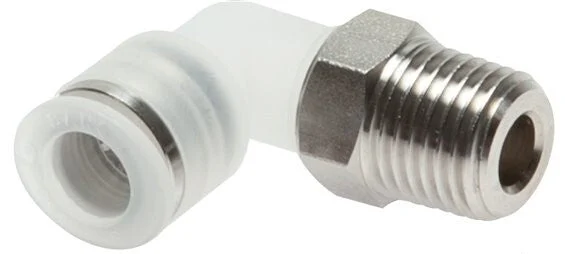 8mm x R1/4'' 90deg Polypropylene (PP)/Stainless Steel Elbow Push-in Fitting with Male Threads EPDM/PTFE Rotatable