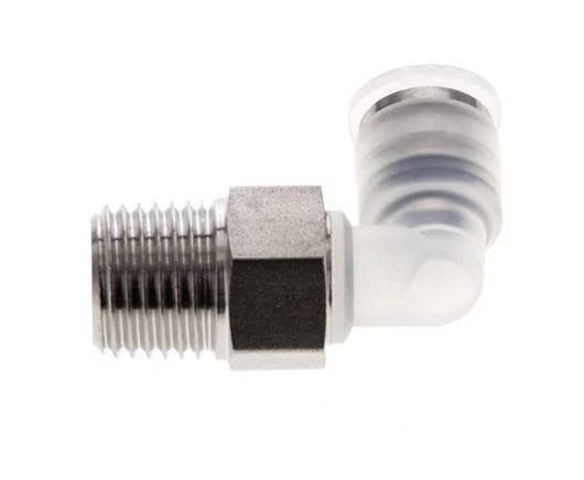 6mm x R1/4'' 90deg Polypropylene (PP)/Stainless Steel Elbow Push-in Fitting with Male Threads EPDM/PTFE Rotatable