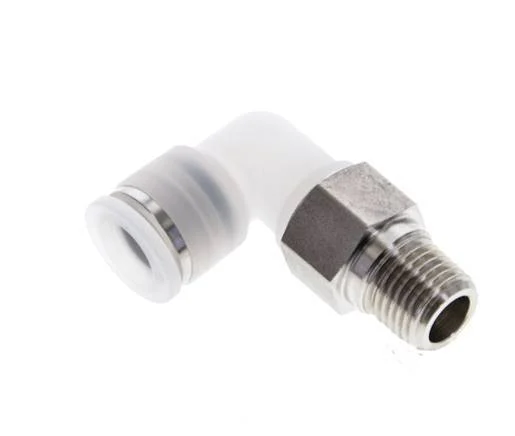 10mm x R1/4'' 90deg Polypropylene (PP)/Stainless Steel Elbow Push-in Fitting with Male Threads EPDM/PTFE Rotatable