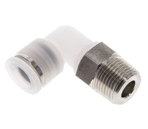 10mm x R3/8'' 90deg Polypropylene (PP)/Stainless Steel Elbow Push-in Fitting with Male Threads EPDM/PTFE Rotatable