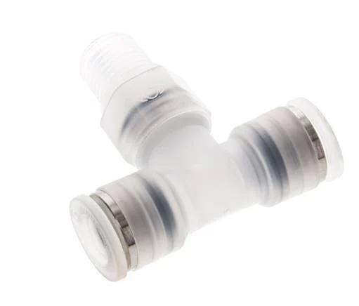 10mm x R1/4'' Polypropylene (PP) Inline Tee Push-in Fitting with Male Threads EPMD FDA Rotatable