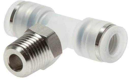 4mm x R1/4'' Polypropylene (PP)/Stainless Steel Inline Tee Push-in Fitting with Male Threads EPDM FDA Rotatable