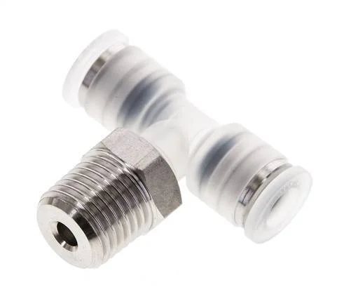 6mm x R1/4'' Polypropylene (PP)/Stainless Steel Inline Tee Push-in Fitting with Male Threads EPDM FDA Rotatable
