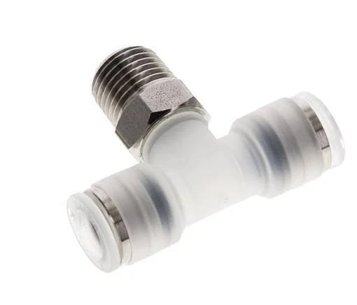 8mm x R1/4'' Polypropylene (PP)/Stainless Steel Inline Tee Push-in Fitting with Male Threads EPDM FDA Rotatable