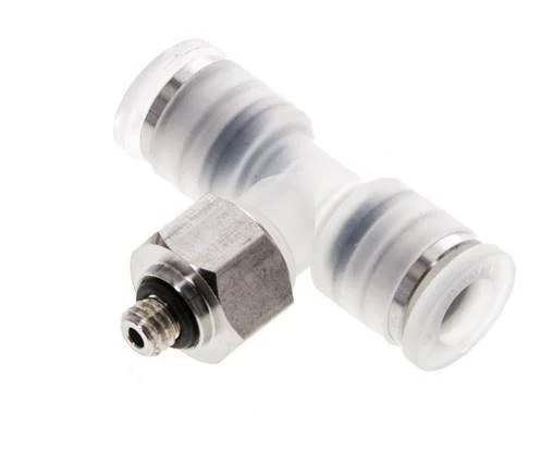 6mm x M 5 Polypropylene (PP)/Stainless Steel Inline Tee Push-in Fitting with Male Threads EPDM FDA Rotatable