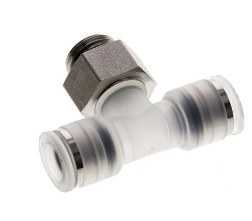 8mm x G1/4'' Polypropylene (PP)/Stainless Steel Inline Tee Push-in Fitting with Male Threads EPDM FDA Rotatable