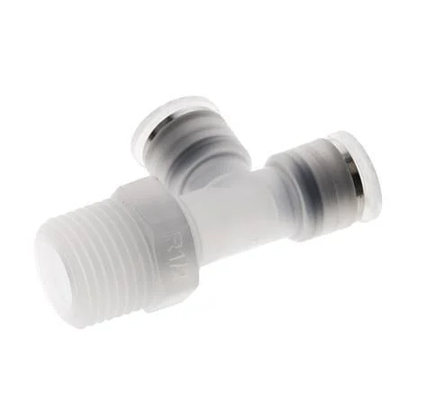 10mm x R1/2'' Right Angle Polypropylene (PP) Tee Push-in Fitting with Male Threads EPMD FDA Rotatable