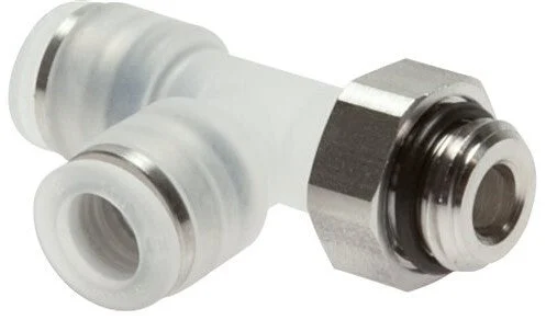 4mm x R1/8'' Right Angle Polypropylene (PP)/Stainless Steel Tee Push-in Fitting with Male Threads EPDM FDA Rotatable