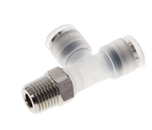 8mm x R1/4'' Right Angle Polypropylene (PP)/Stainless Steel Tee Push-in Fitting with Male Threads EPDM FDA Rotatable