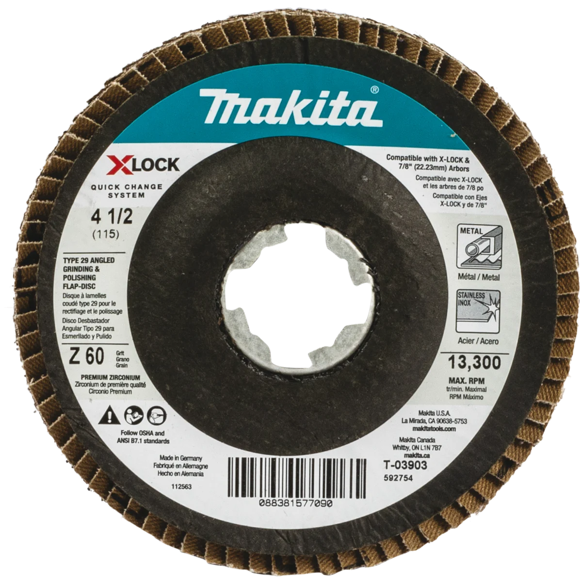 X‑LOCK 4‑1/2" 60 Grit Type 29 Angled Grinding and Polishing Flap Disc for X‑LOCK and All 7/8" Arbor Grinders
