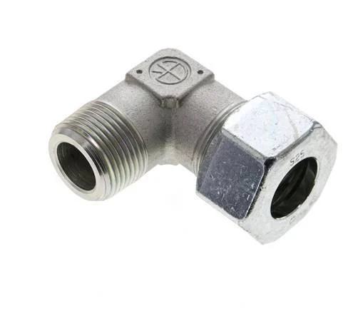 1'' NPT Male x 25S Zinc plated Steel 90 deg Elbow Cutting ring 400 Bar DIN 2353