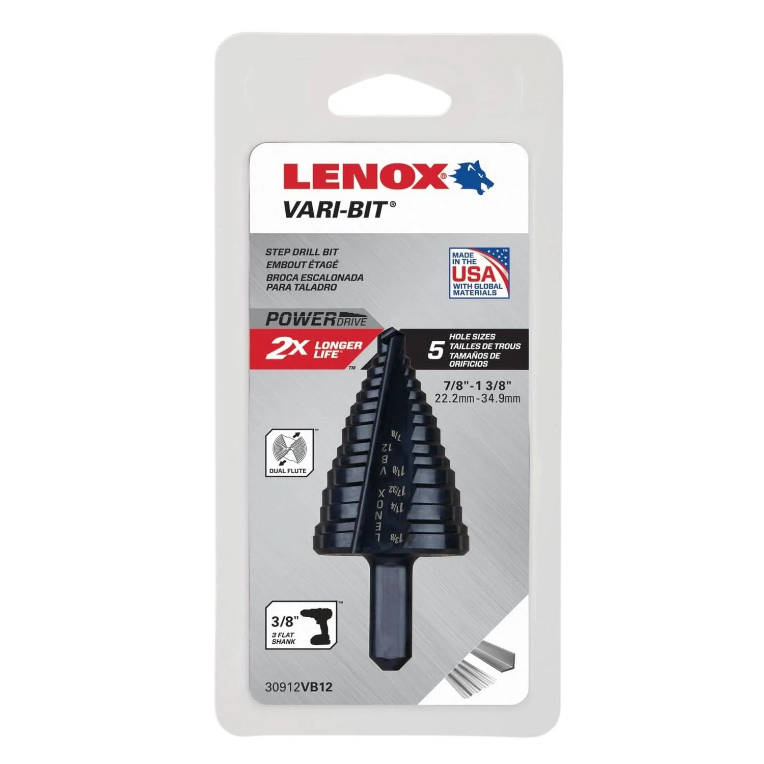 Lenox 30912VB12 Vari-Bit VB12 Step Drill Bits, 7/8-inch to 1 3/8-inch