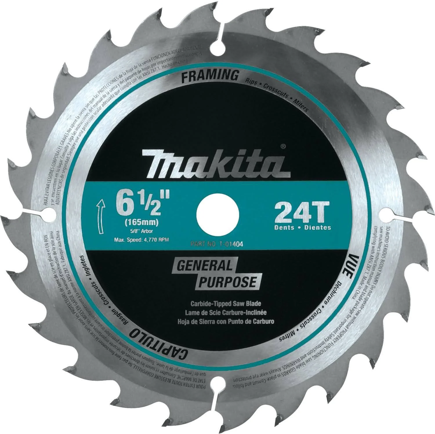 Makita T-01404 6-1/2" 24T Carbide-Tipped Circular Saw Blade, Framing