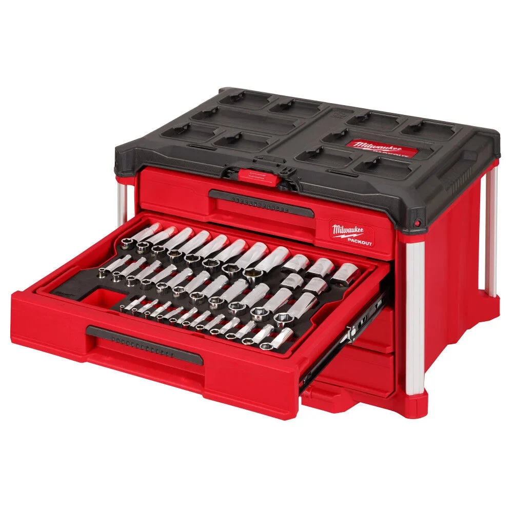 242 Pc. 1/4”, 3/8”, & 1/2” Drive Metric & SAE Ratchet & Socket Set with PACKOUT™ 4-Drawer Tool Box