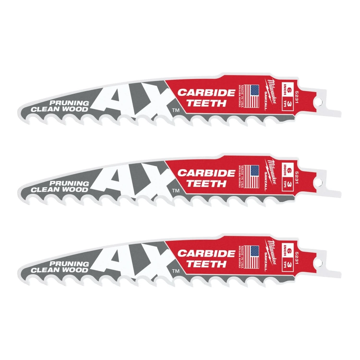 Milwaukee 48-00-5331 6-Inch 3-TPI The AX with Carbide Teeth for Pruning & Clean Wood SAWZALL Reciprocating Saw Blade, 3-Pack