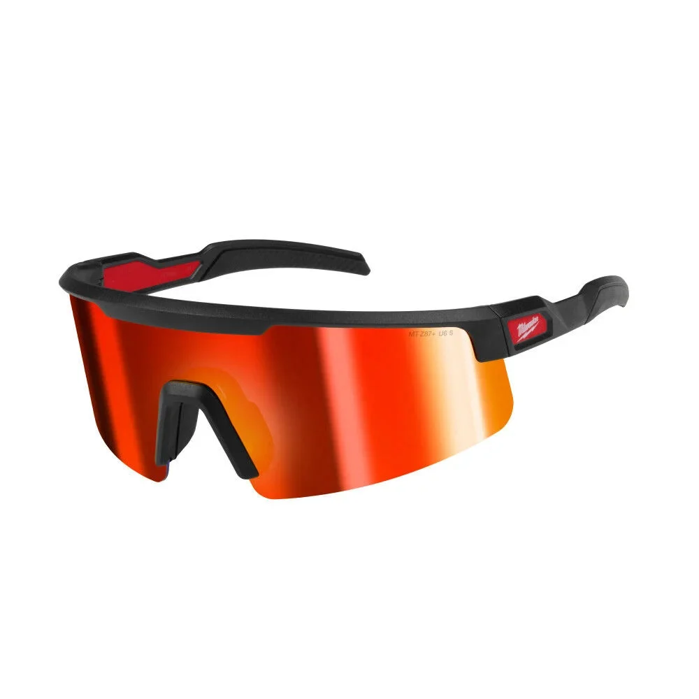 Milwaukee Wrap Around Safety Glasses, Red Mirrored Anti-Scratch Lenses, Black Frame