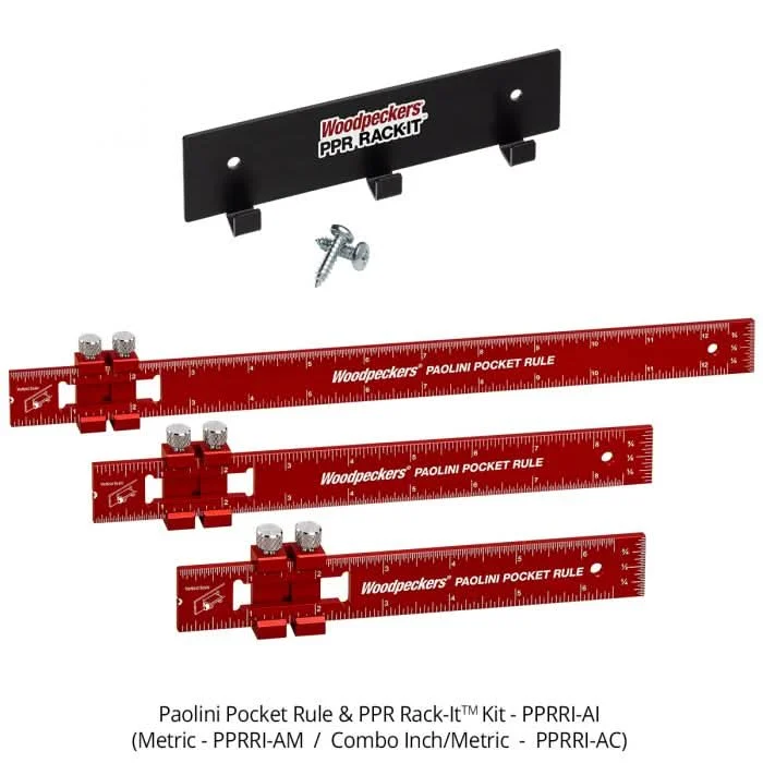 Woodpeckers PPRRI-AI 3-Piece Aluminum Paolini Pocket Rule Set w/ PPR Rack-It, Inch