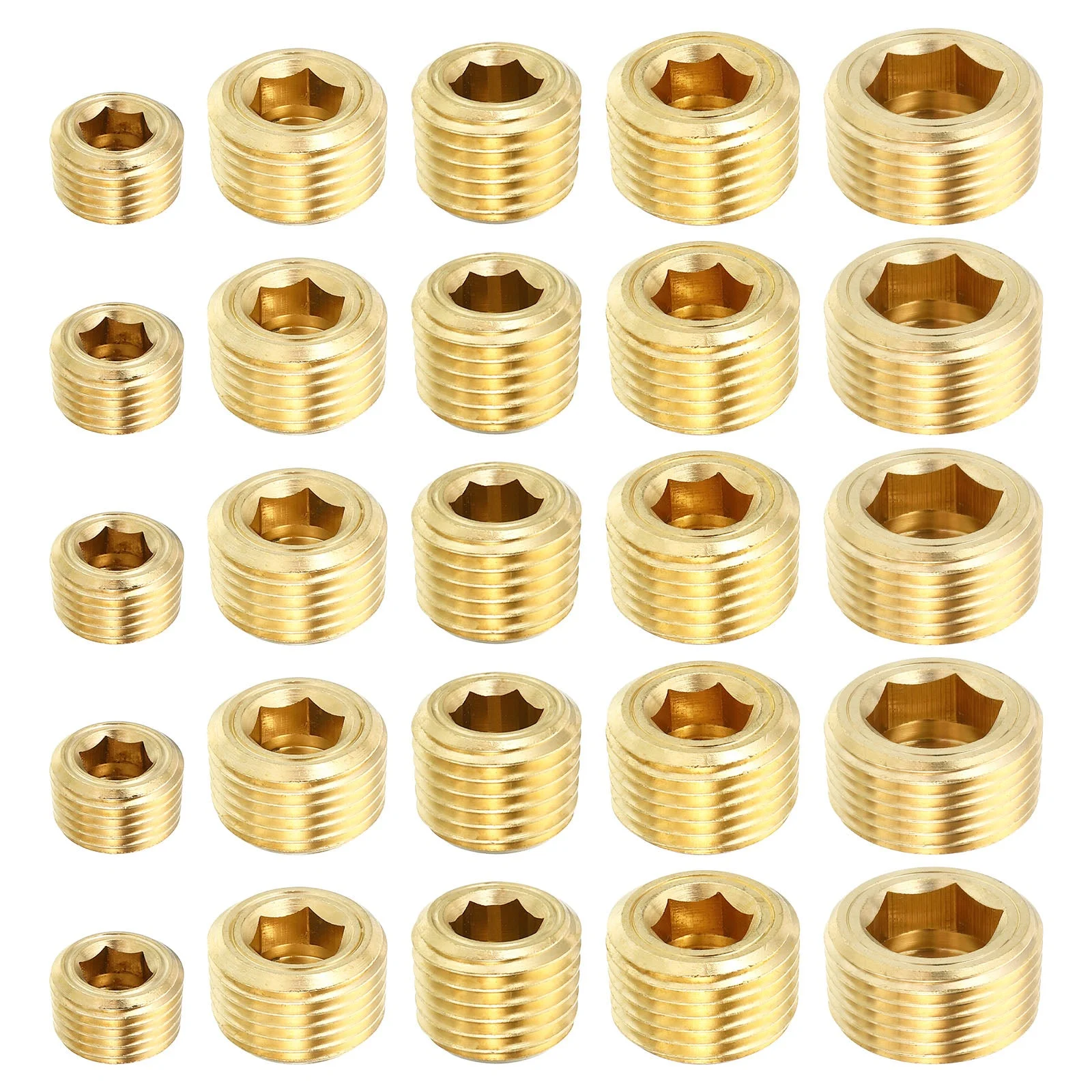 1/8" 1/4" 3/8" 1/2" 3/4" NPT Brass Hex Countersunk Plugs, 25 Pack Counter Sunk Internal Hex Thread Socket Pipe Plugs Male Fittings for Water Oil Gas