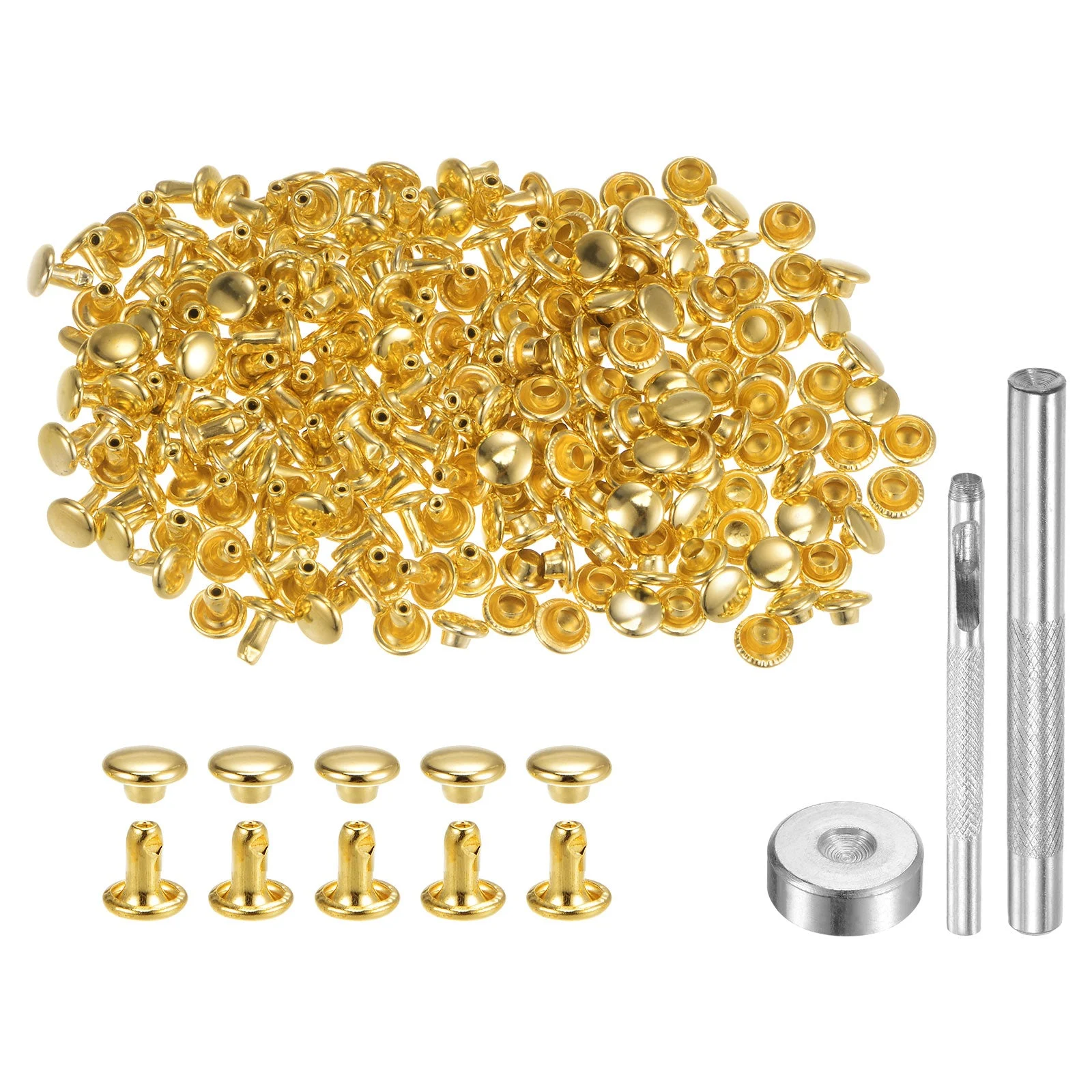 200 Sets Leather Rivets 6 x 6mm Metal with 3 Setter Tools Gold Tone