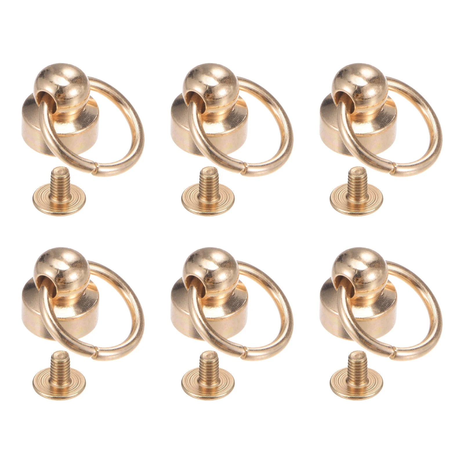 6pcs Brass Round Head Rivets Studs with Screw and Pull Ring, Gold Tone