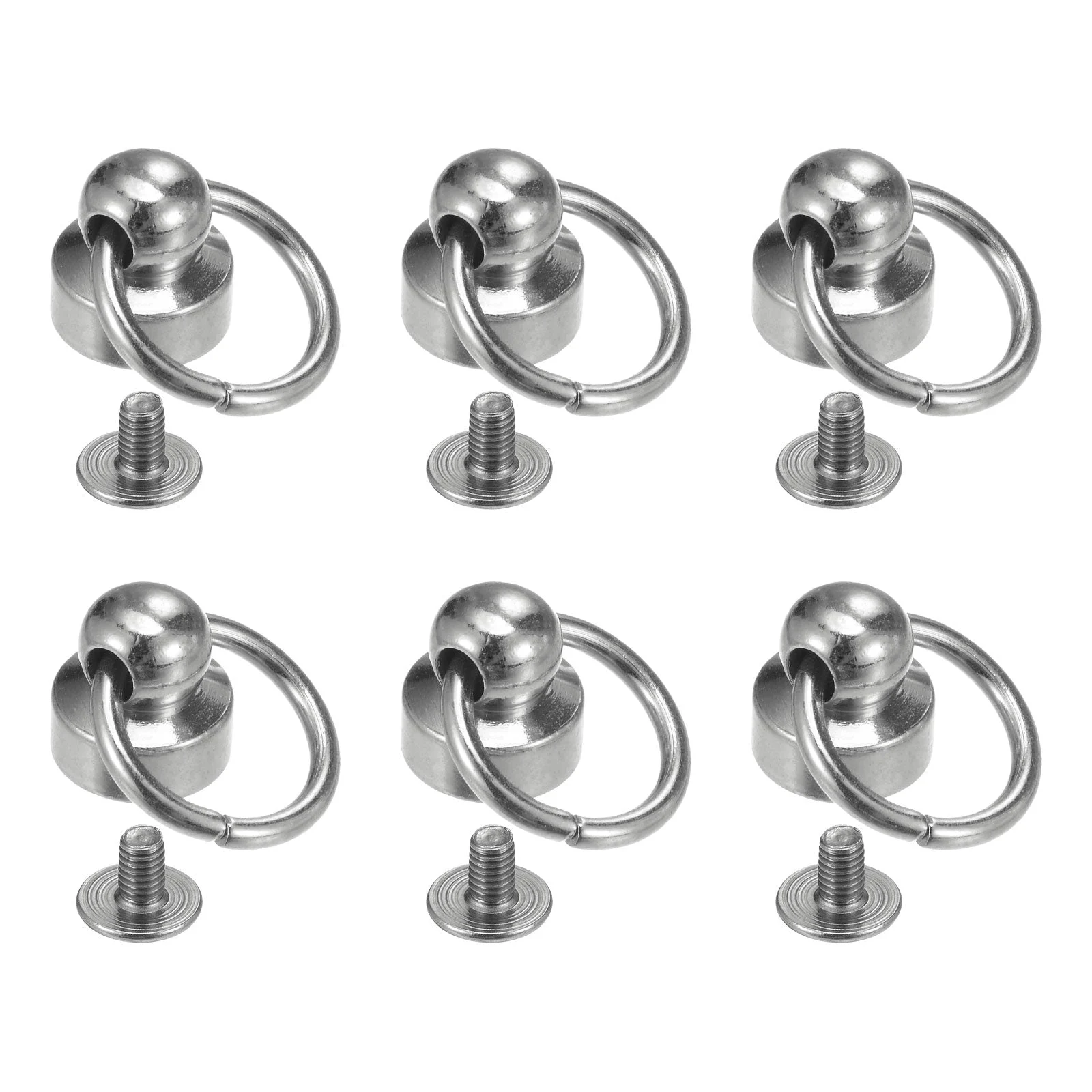 6pcs O Ring Brass Round Head Rivets with Screw and Pull Ring Studs, Silver Tone