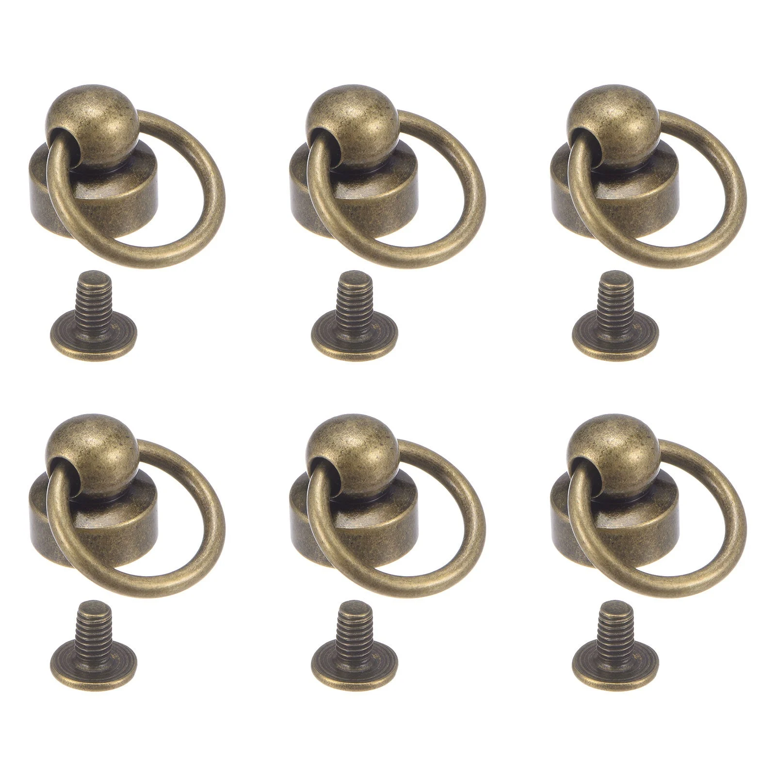 6pcs Brass Round Head Rivets Studs with Screw and Pull Ring, Bronze