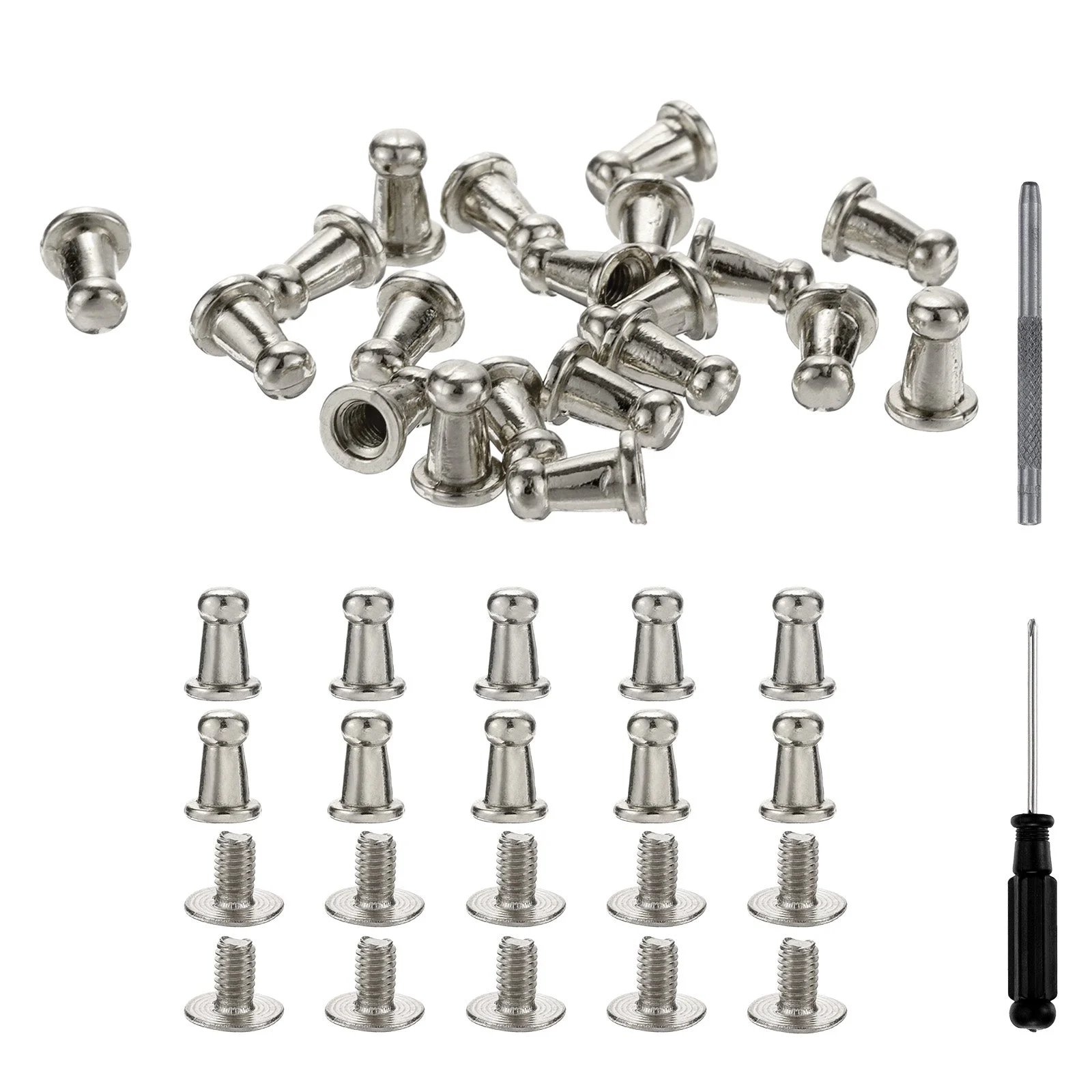 30 Sets Round Head Button Studs Screw 4mm Alloy Leather Rivets with Hollow Punch Screwdriver for Repair and Decorate Fabric Clothing Shoes Bags DIY, Silver White