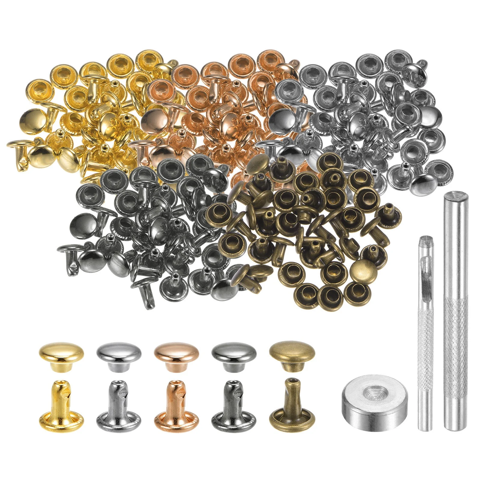 100 Set Leather Rivets 6mm x 6mm Metal with 3 Setter Tools Multi Colors