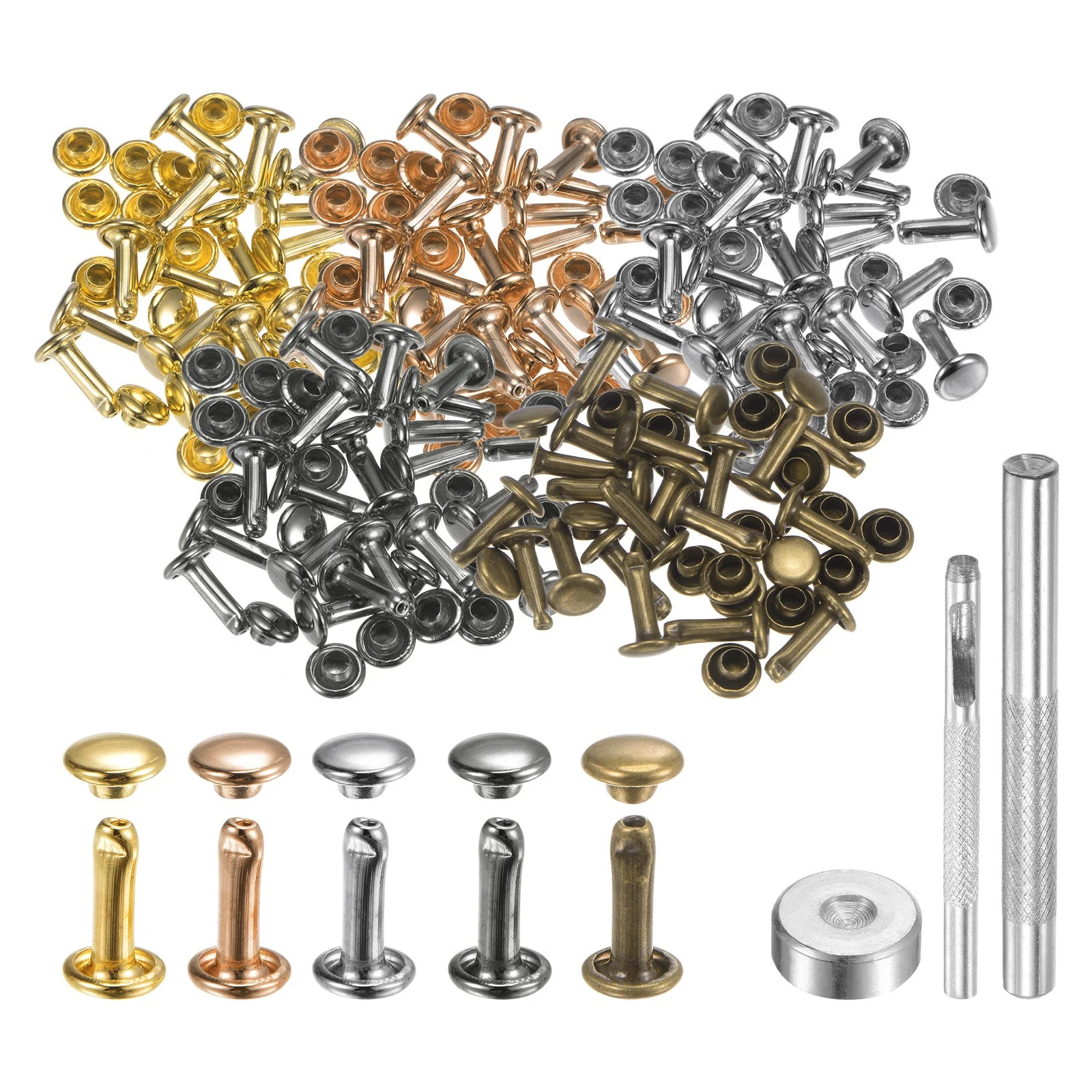 100 Sets Leather Rivets 6mm x 10mm Metal with 3 Setter Tools Multi Colors