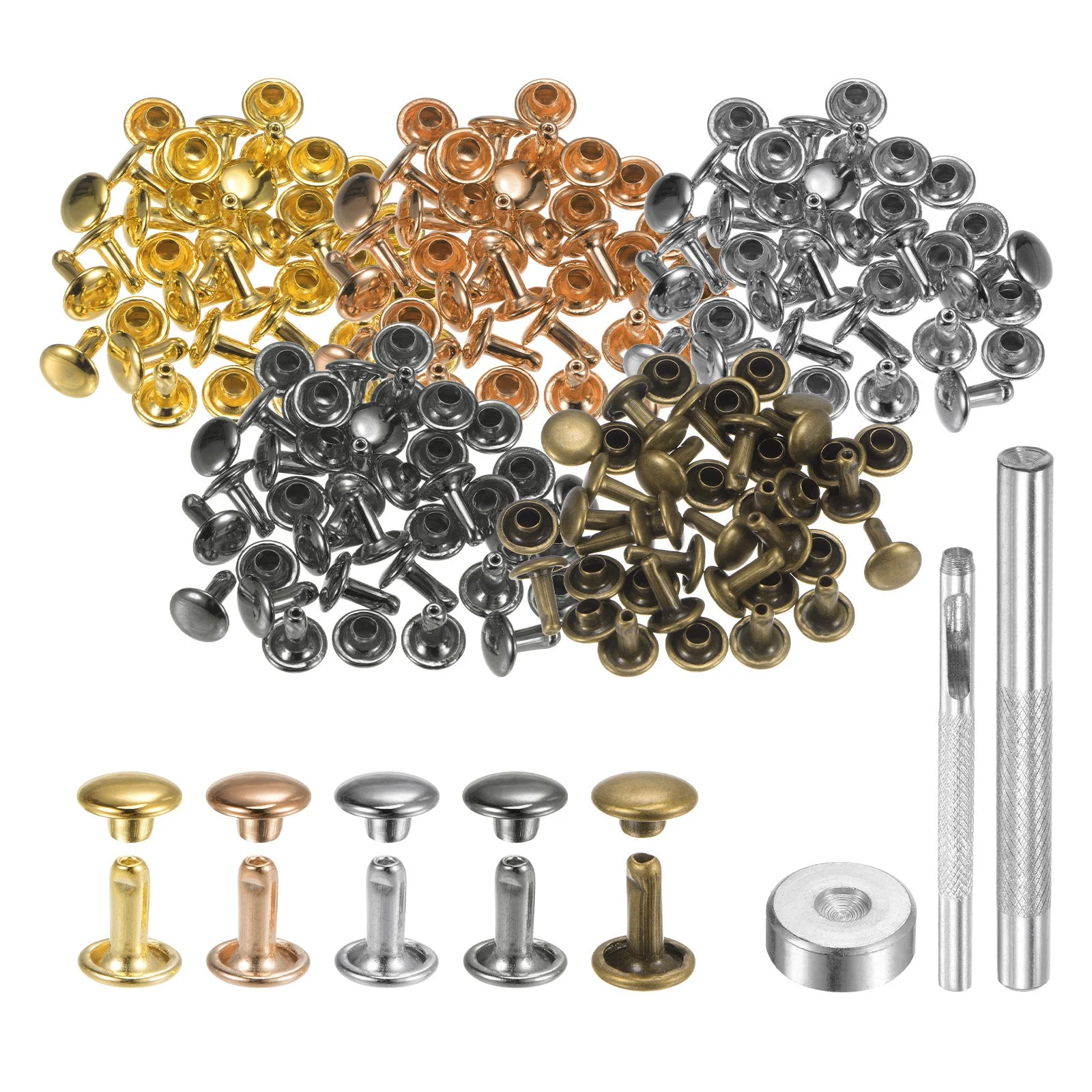 100 Sets Leather Rivets 7mm x 8mm Metal with 3 Setter Tools Multi Colors