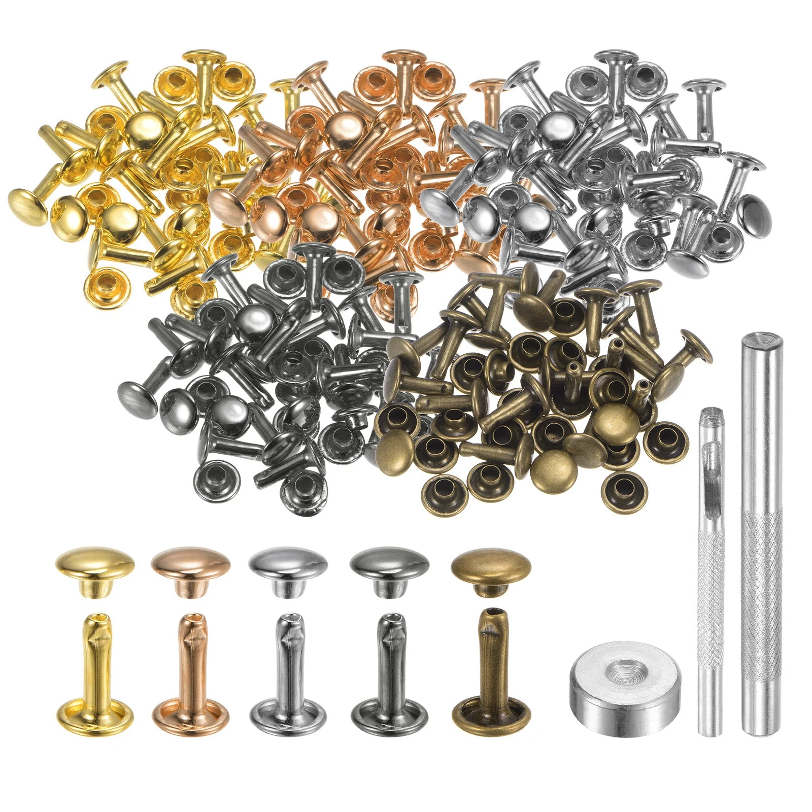 100 Sets Leather Rivets 7mm x 10mm Metal Double Cap Rivet Snaps Studs Fasteners with 3pcs Setting Tools Rivets for Leather Craft DIY Repair Decoration, Multi Colors