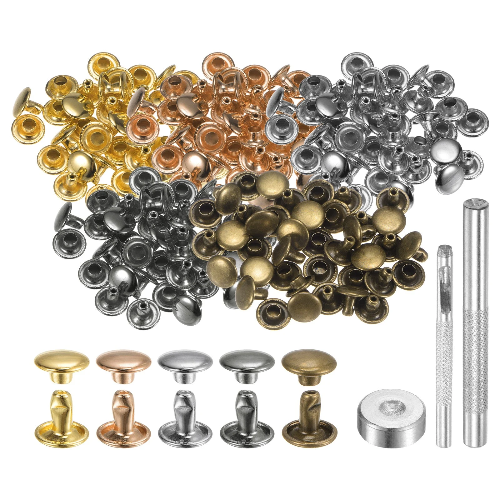 100 Set Leather Rivets 8mm x 6mm Metal with 3 Setter Tools Multi Colors