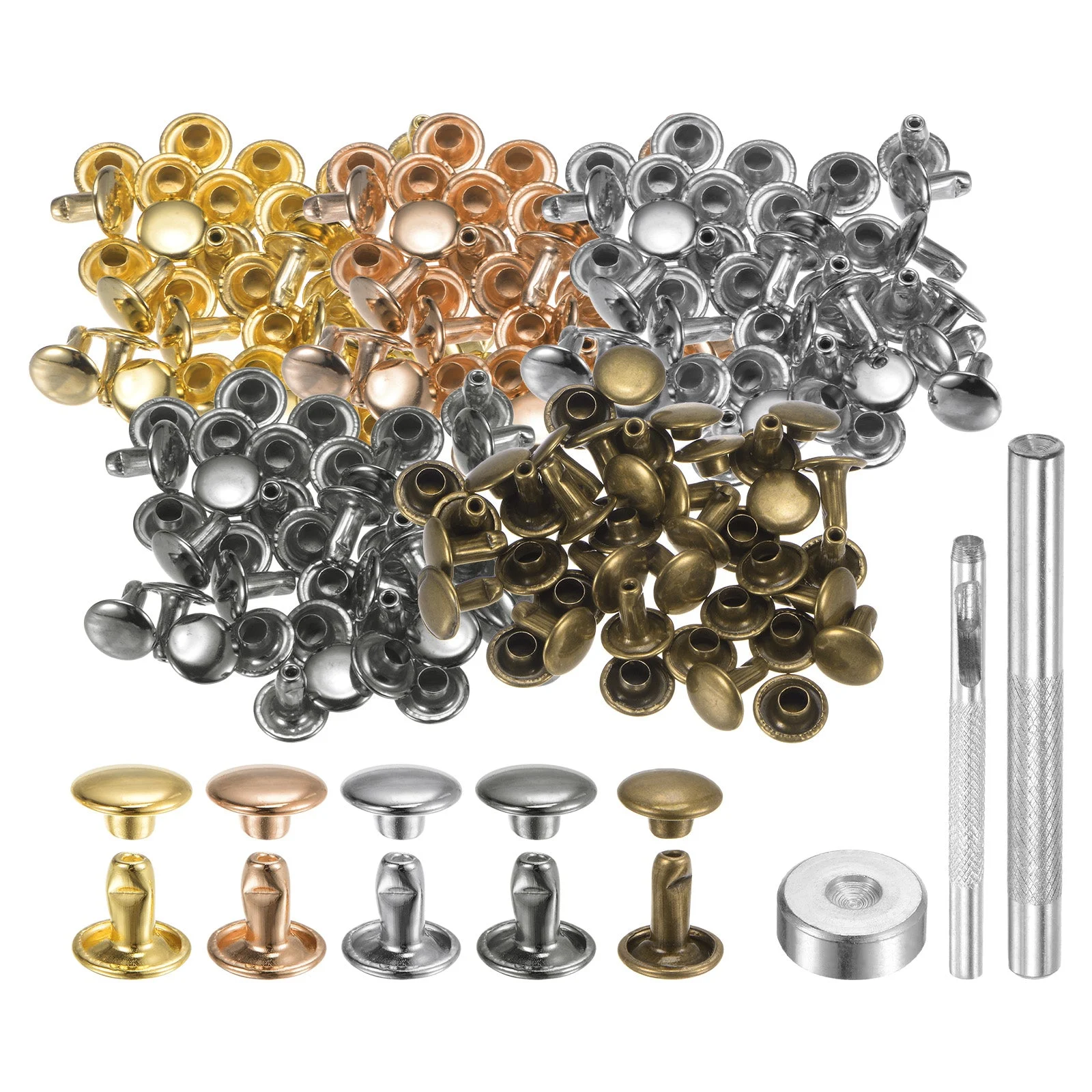 100 Set Leather Rivets 8mm x 8mm Metal with 3 Setter Tools Multi Colors