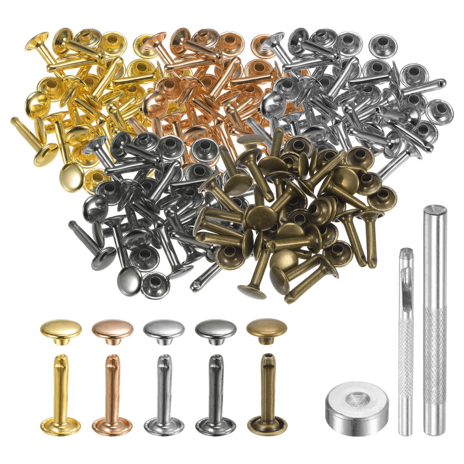 100 Sets Leather Rivets 9mm x 16mm Metal with 3 Setter Tools Multi Colors