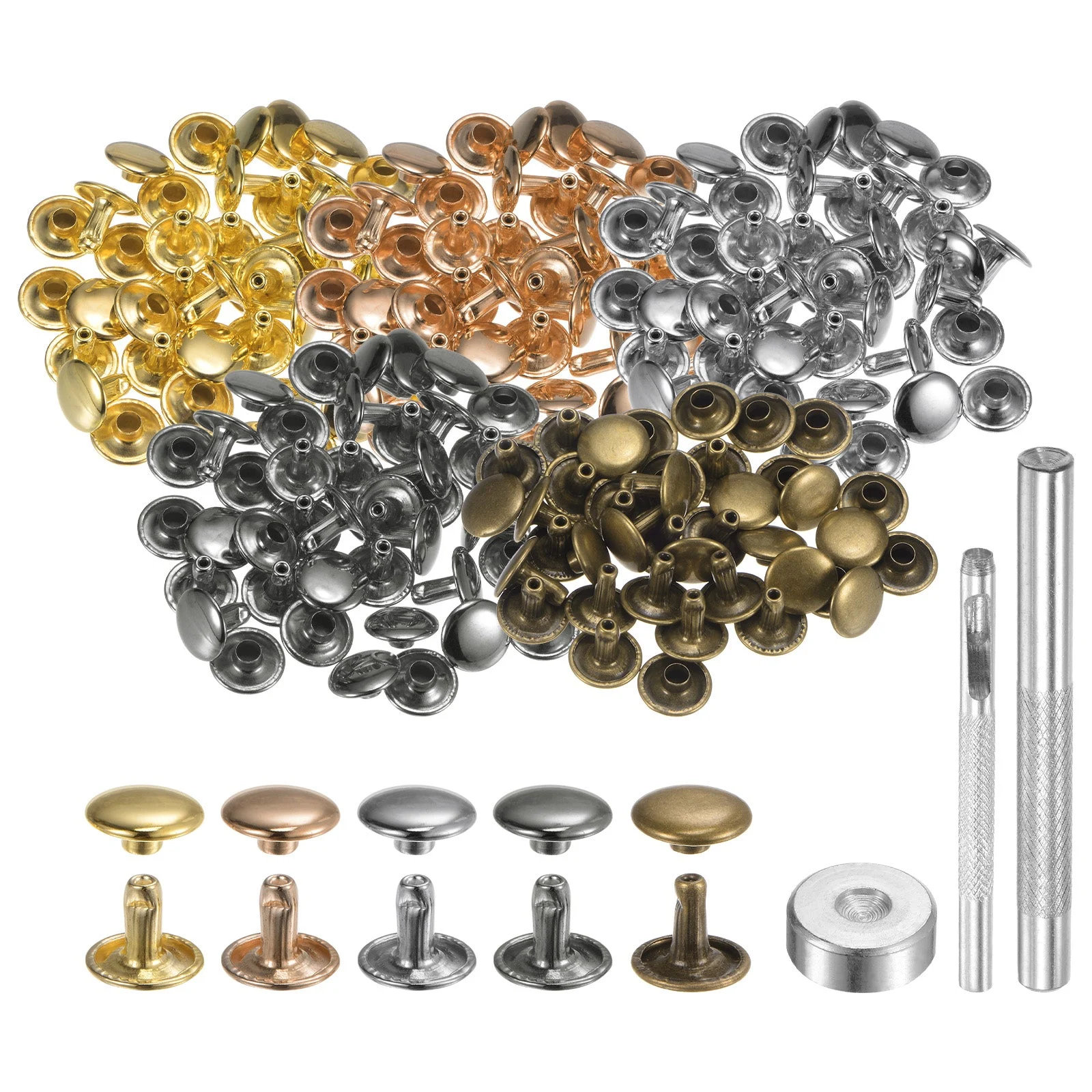 100 Sets Leather Rivets 10mm x 8mm Metal Double Cap Rivet Snaps Studs Fasteners with 3pcs Setting Tools Rivets for Leather Craft DIY Repair Decoration, Multi Colors