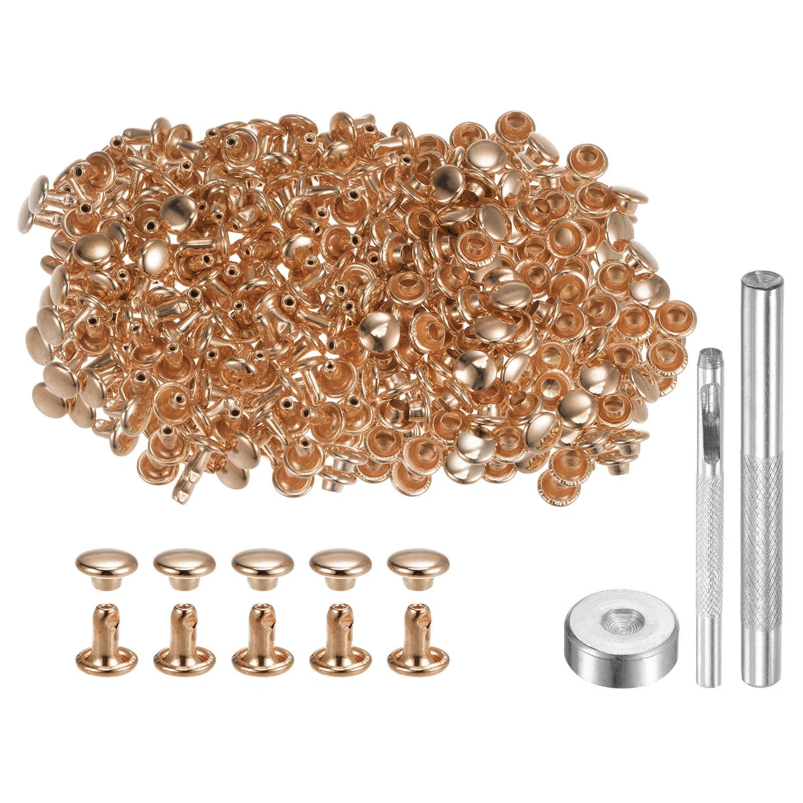 200 Sets Leather Rivets 6mm x 6mm Metal with 3 Setter Tools Light Gold Tone