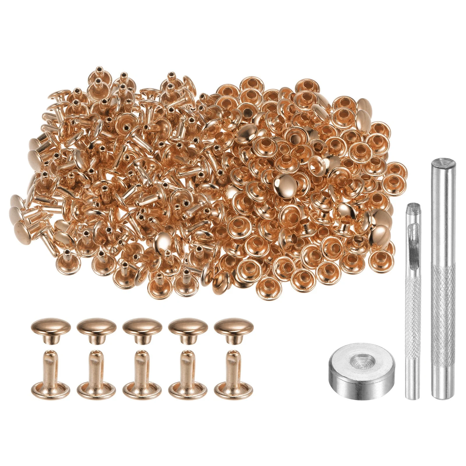 200 Sets Leather Rivets 7mm x 8mm Metal Double Cap Rivet Snaps Studs Fasteners with 3pcs Setting Tools Rivets for Leather Craft DIY Repair Decoration, Light Gold Tone