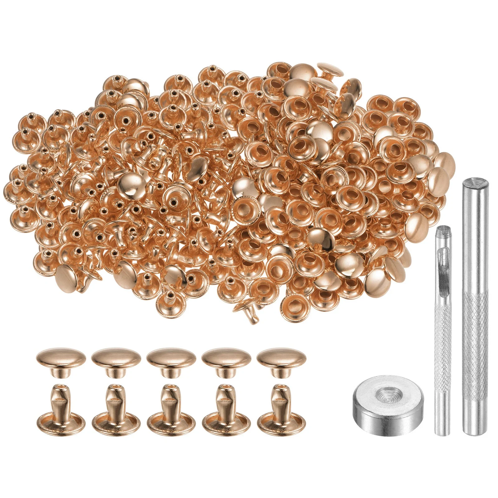200 Sets Leather Rivets 8mm x 6mm Metal Double Cap Rivet Snaps Studs Fasteners with 3pcs Setting Tools Rivets for Leather Craft DIY Repair Decoration, Light Gold Tone