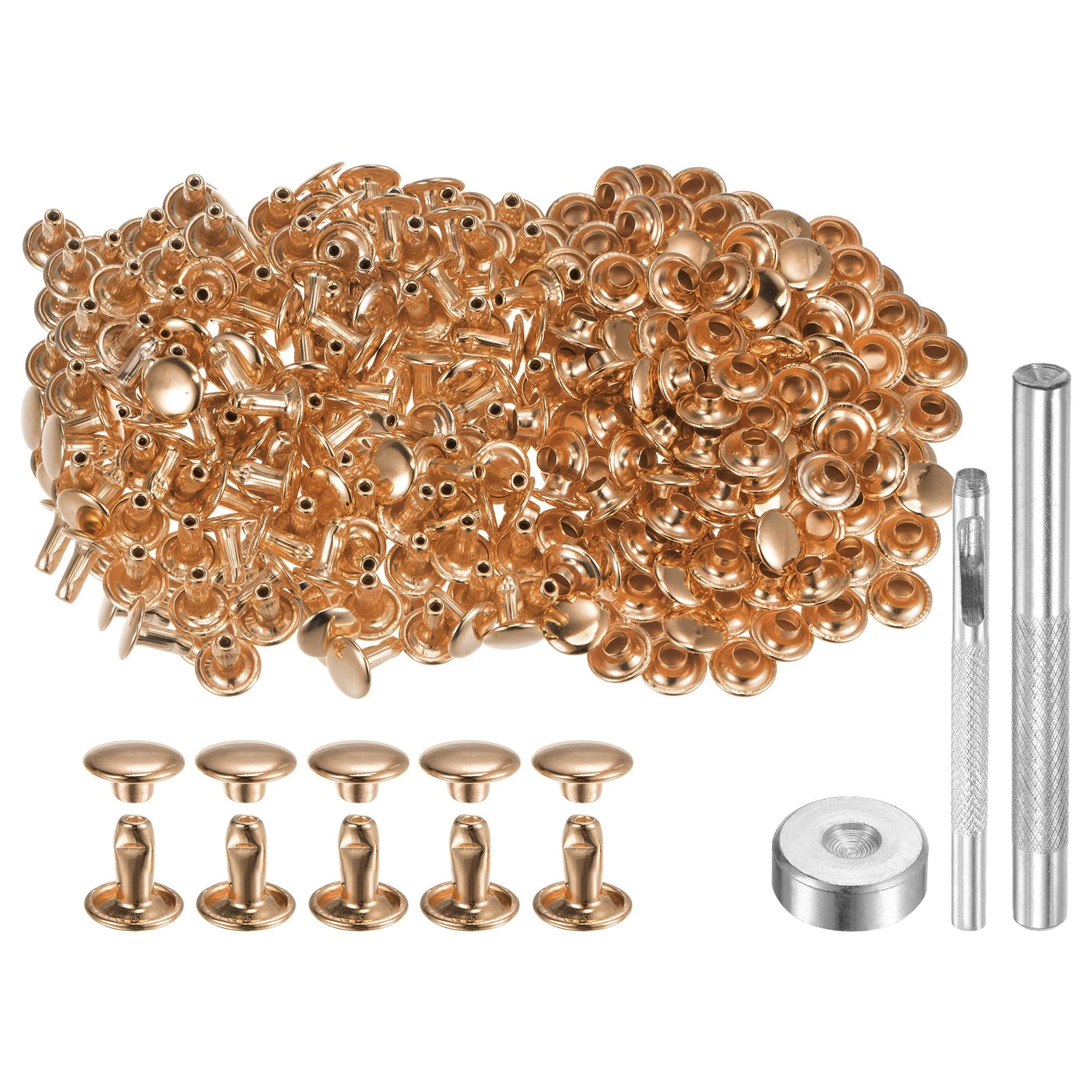 200 Sets Leather Rivets 8mm x 8mm Metal with 3 Setter Tools Light Gold Tone