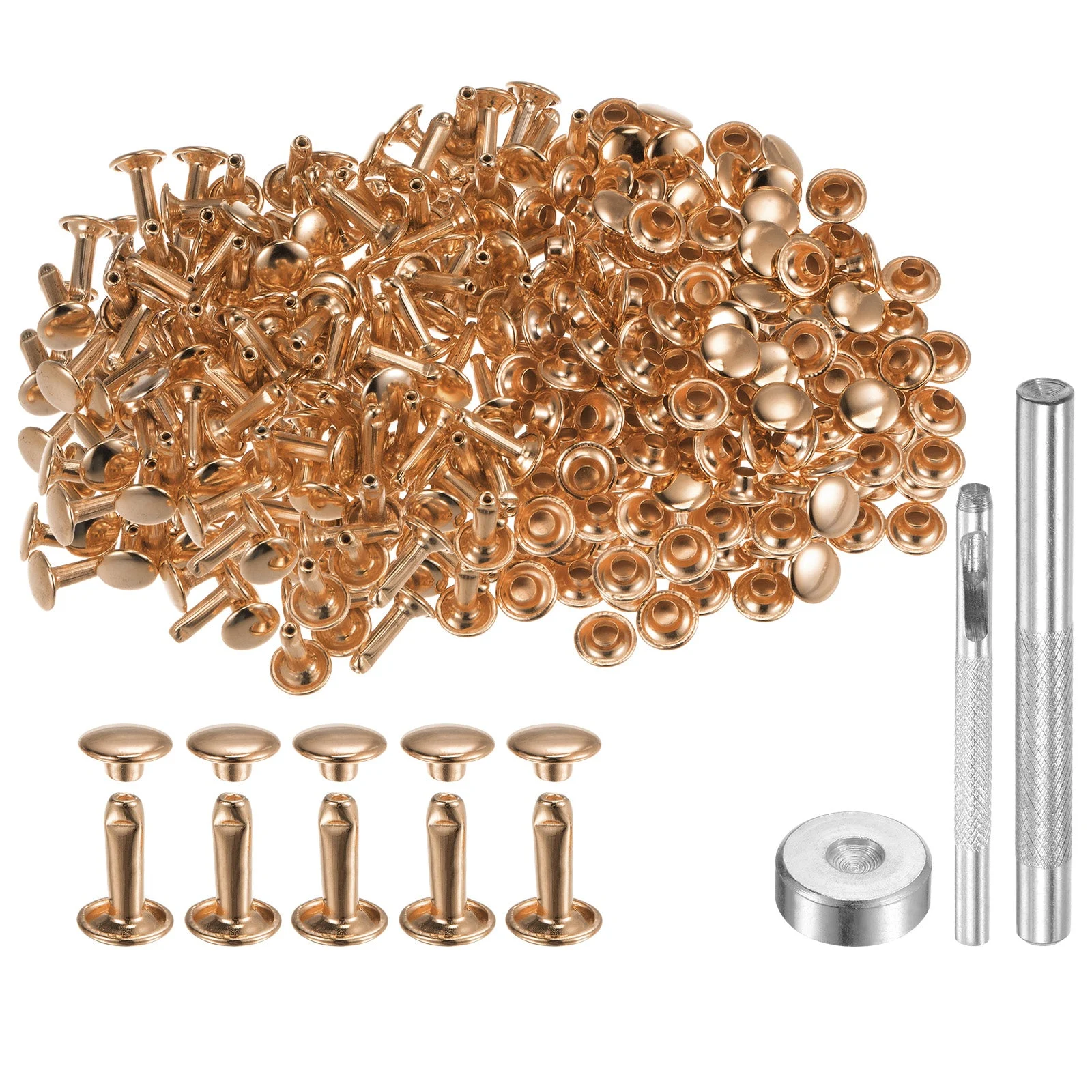 200 Sets Leather Rivets 8mm x 12mm with 3 Setter Tools Light Gold Tone