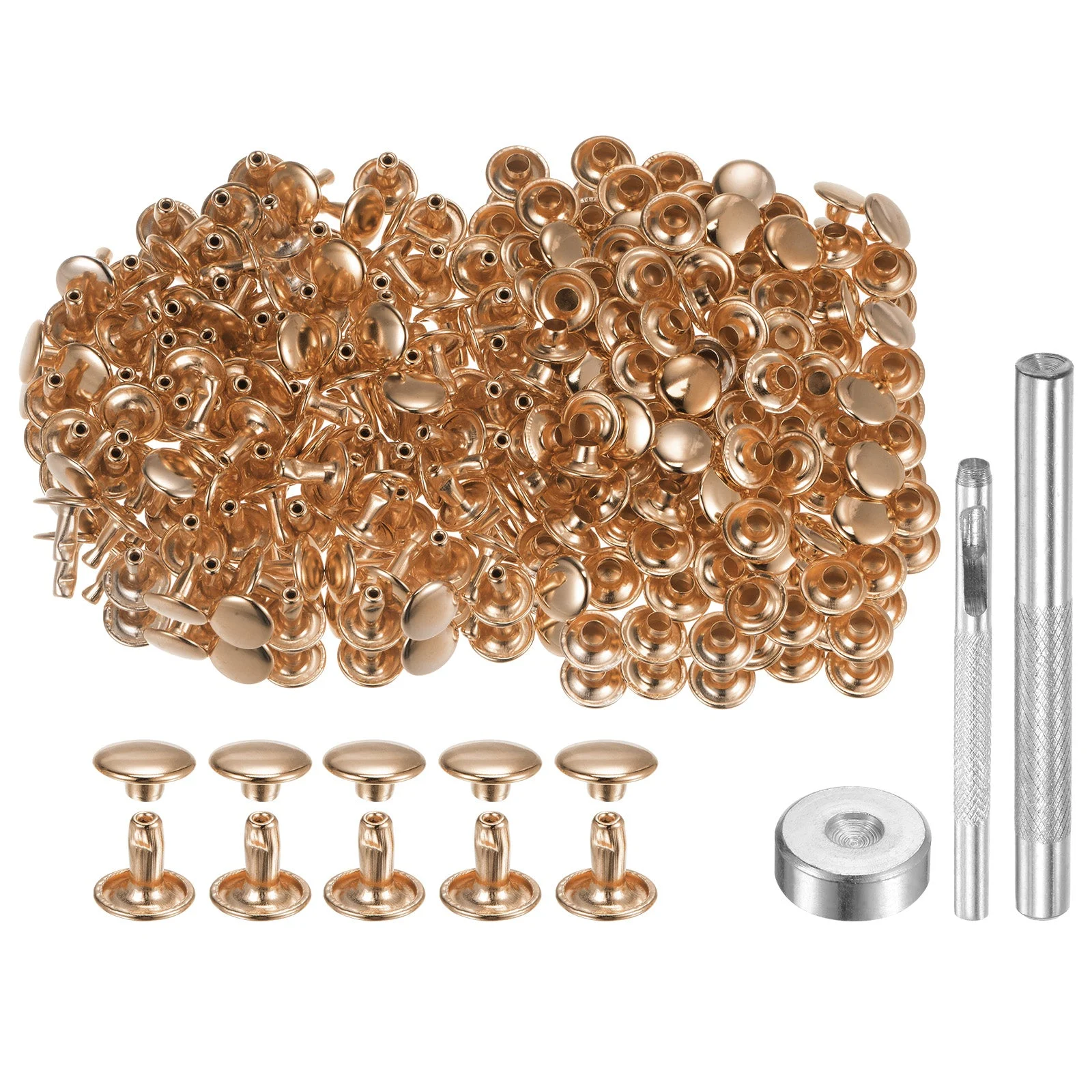 200 Sets Leather Rivets 9mm x 8mm Metal with 3 Setter Tools Light Gold Tone