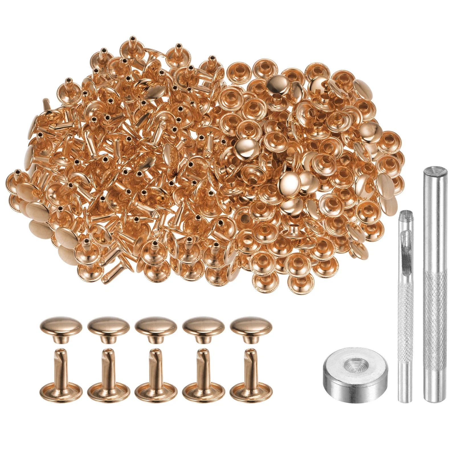 200 Sets Leather Rivets 9mm x 10mm Metal with 3 Setter Tools Light Gold Tone