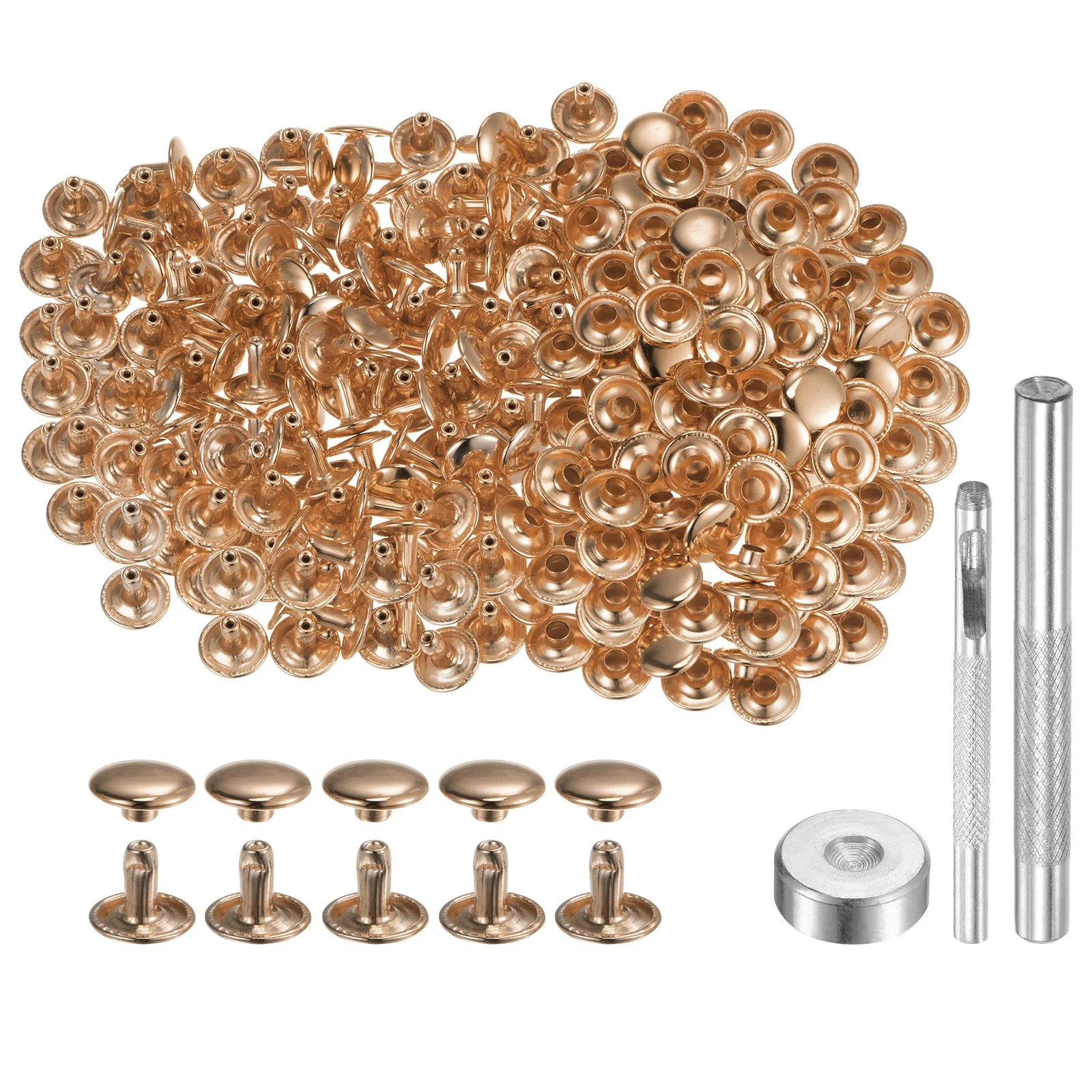 200 Sets Leather Rivets 10mm x 8mm Metal with 3 Setter Tools Light Gold Tone