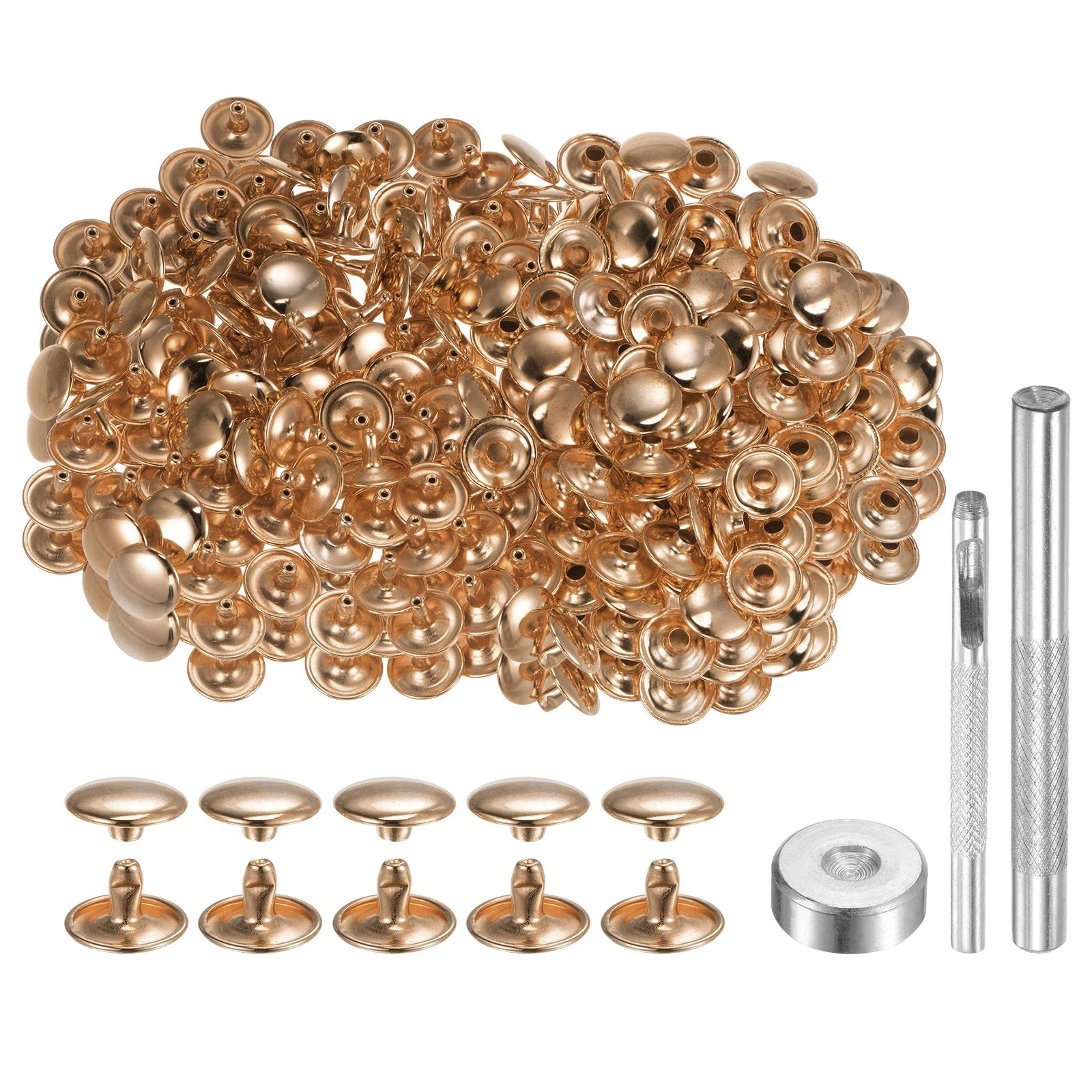 200 Sets Leather Rivets 12mm x 8mm Metal with 3 Setter Tools Light Gold Tone