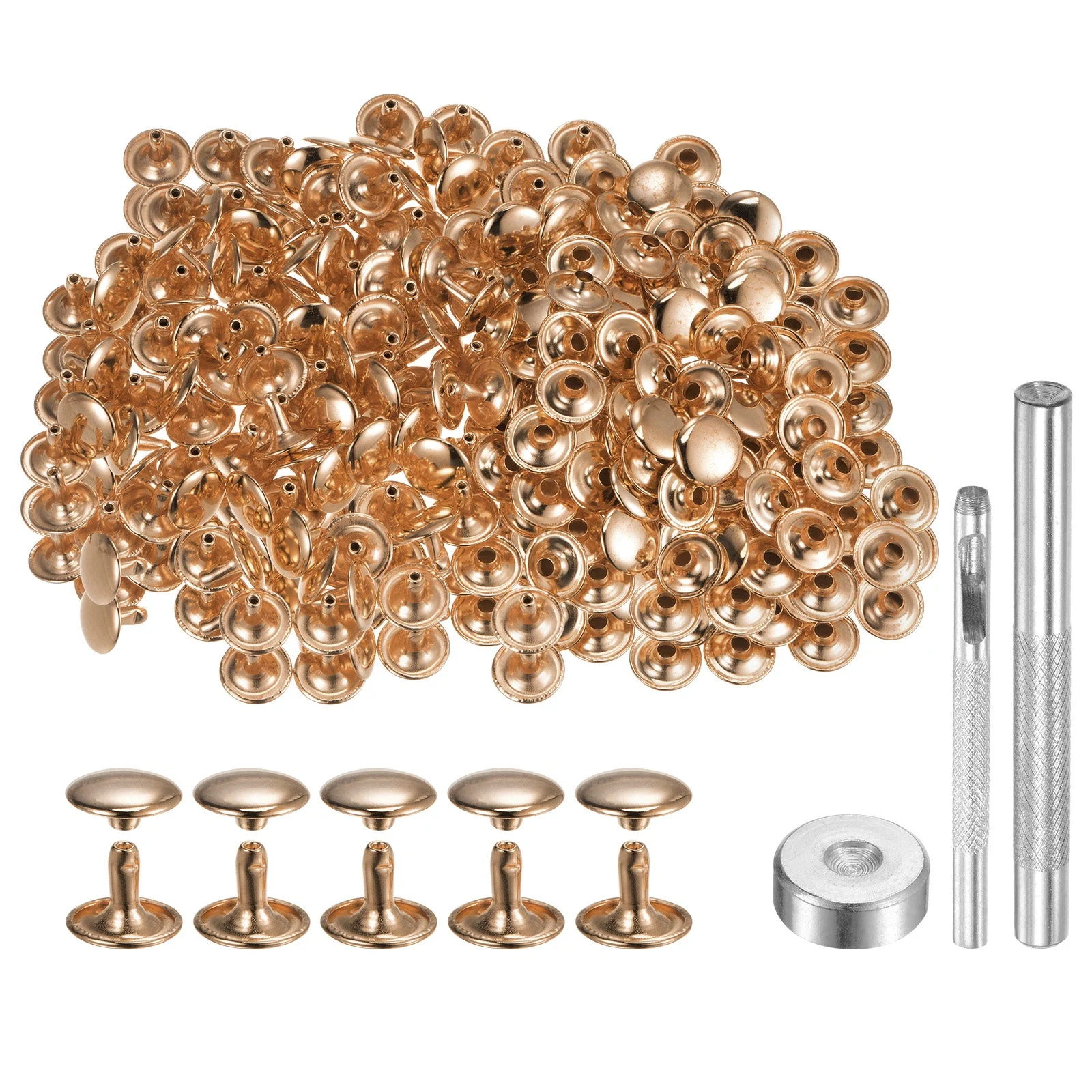 200 Sets Leather Rivets 12mm x 10mm Metal with 3 Setter Tools Light Gold Tone
