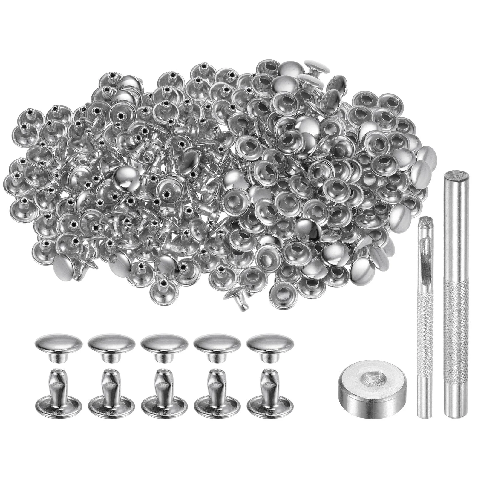 200 Sets Leather Rivets 8mm x 6mm Metal with 3 Setter Tools Silver Tone