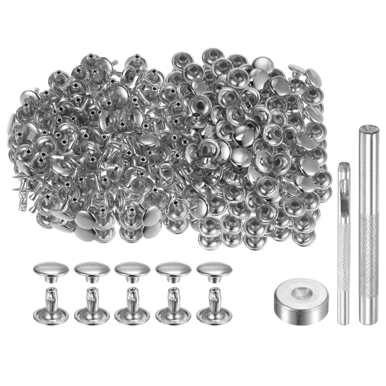 200 Sets Leather Rivets 9mm x 8mm Metal with 3 Setter Tools Silver Tone