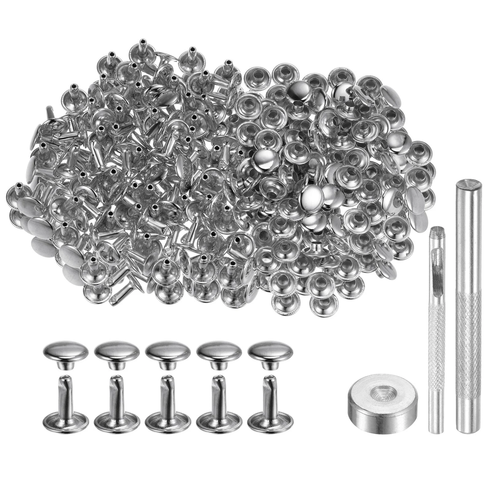 200 Set Leather Rivets 9mm x 10mm Metal with 3 Setter Tools Silver Tone