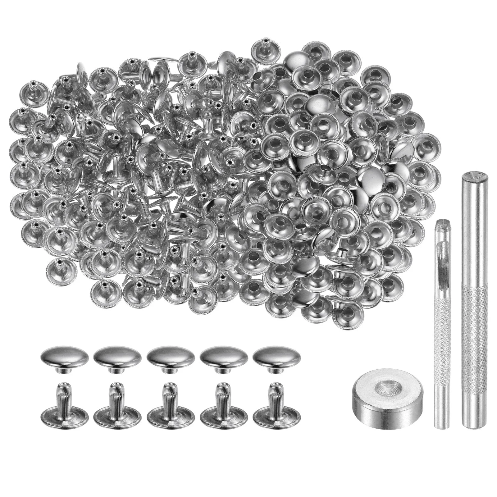 200 Sets Leather Rivets 10mm x 8mm Metal with 3 Setter Tools Silver Tone