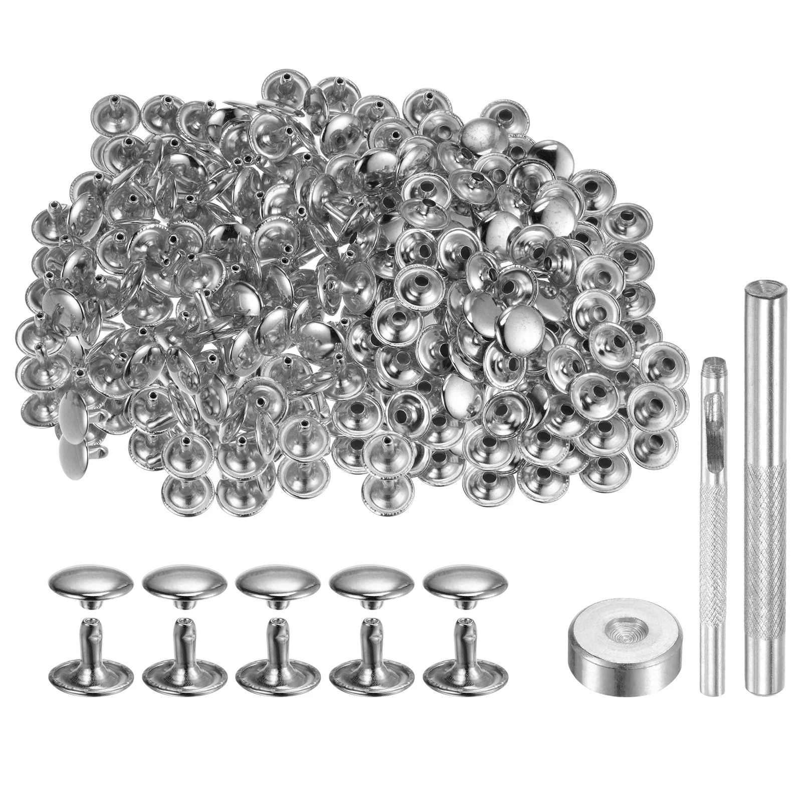 200 Sets Leather Rivets 12mm x 10mm Metal with 3 Setter Tools Silver Tone